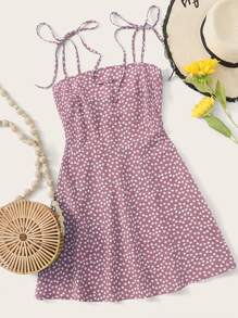 Soleia Knot Strap Shirred Back Ditsy Floral Dress - Dusty Pink - View 1