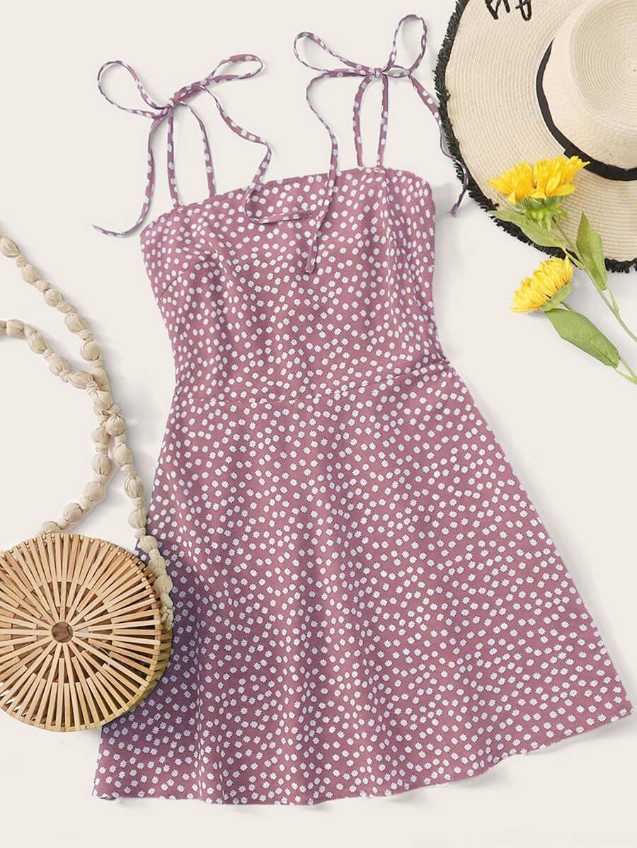 Soleia Knot Strap Shirred Back Ditsy Floral Dress - Dusty Pink - View 1