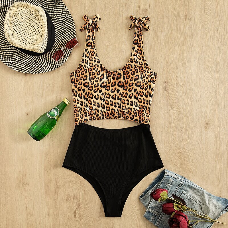 

Leopard Rib Cut-out One Piece Swimsuit, Multicolor