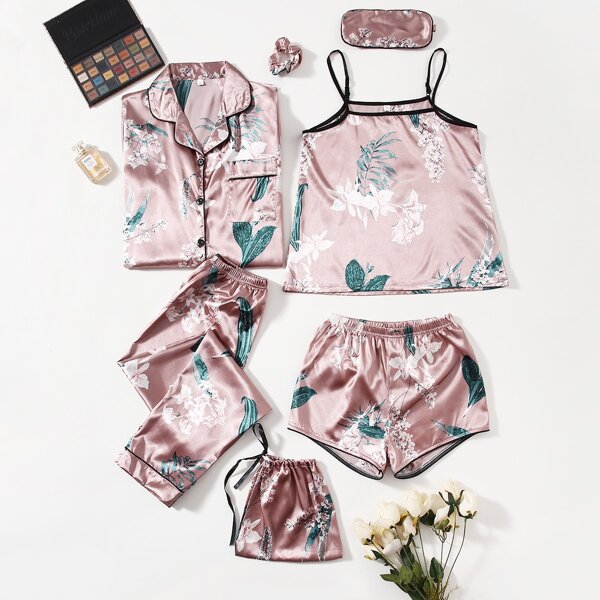 

7pcs Floral Print Satin Pajama Set, Dusty pink