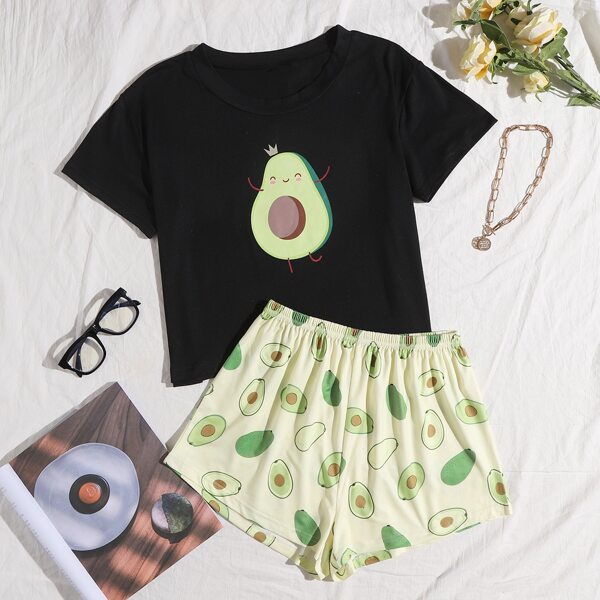 

Cartoon And Avocado Print Pajama Set, Multicolor