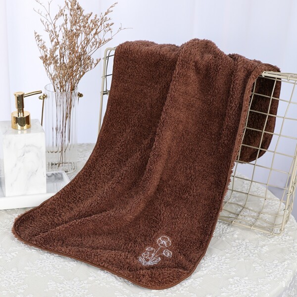 

1pc Flower Embroidery Face Towel, Coffee brown