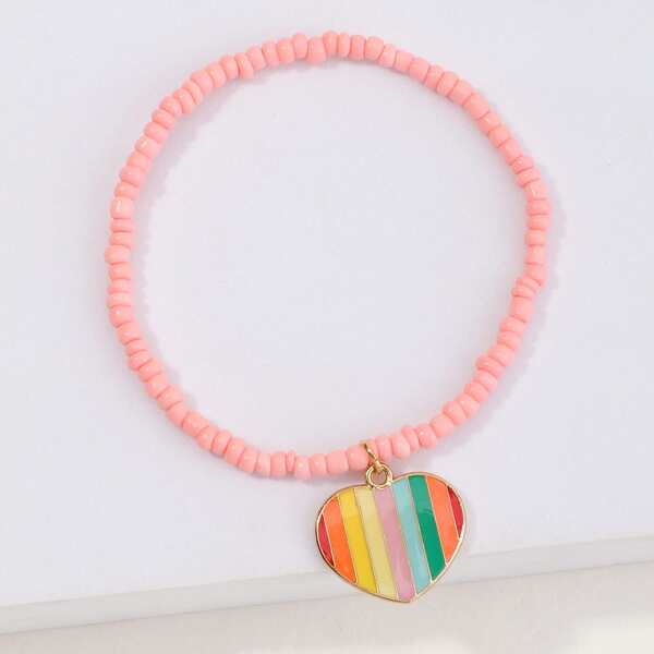 

Heart Charm Beaded Bracelet, Multicolor