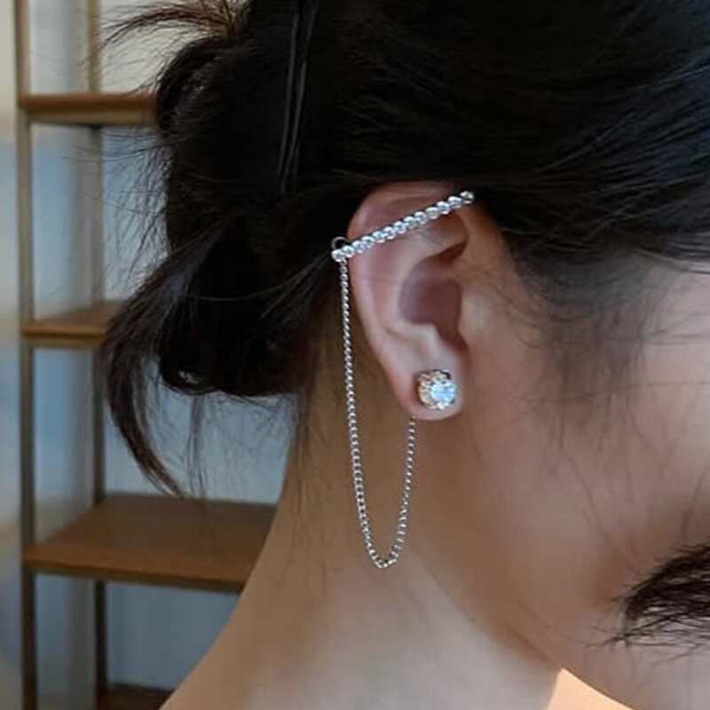 

2pcs Rhinestone Stud Earrings & Ear Cuff, Silver