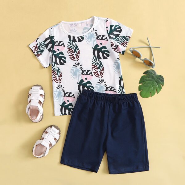 

Toddler Boys Tropical Print Tee With Shorts, Blue and white
