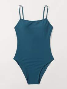 SHEIN Swim 休閒純色一件式 - 藍色 - 查看 1