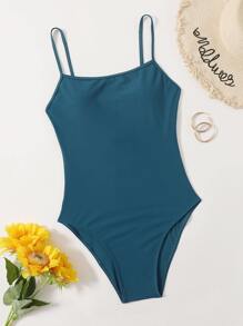 SHEIN Swim 休閒純色一件式 - 藍色 - 查看 3