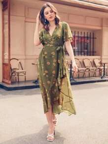 Vickie Chiang Ruffle Hem Wrap Belted Floral Chiffon Dress - Olive Green - View 1
