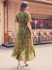 Vickie Chiang Ruffle Hem Wrap Belted Floral Chiffon Dress - Olive Green - View 2