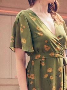 Vickie Chiang Ruffle Hem Wrap Belted Floral Chiffon Dress - Olive Green - View 3