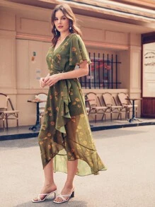 Vickie Chiang Ruffle Hem Wrap Belted Floral Chiffon Dress - Olive Green - View 4