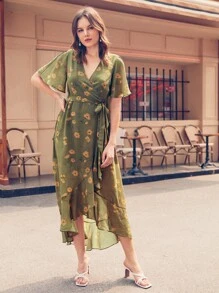 Vickie Chiang Ruffle Hem Wrap Belted Floral Chiffon Dress - Olive Green - View 5