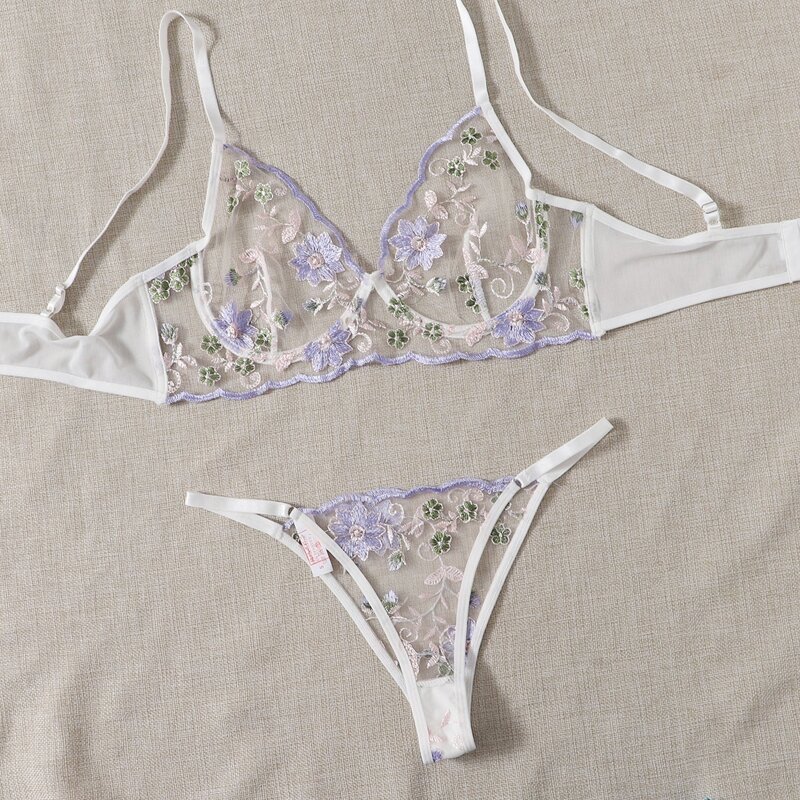 

Floral Embroidered Mesh Lingerie Set, Multicolor