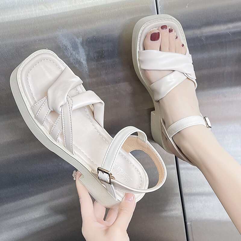 

Twist Strap Chunky Heeled Sandals, Beige