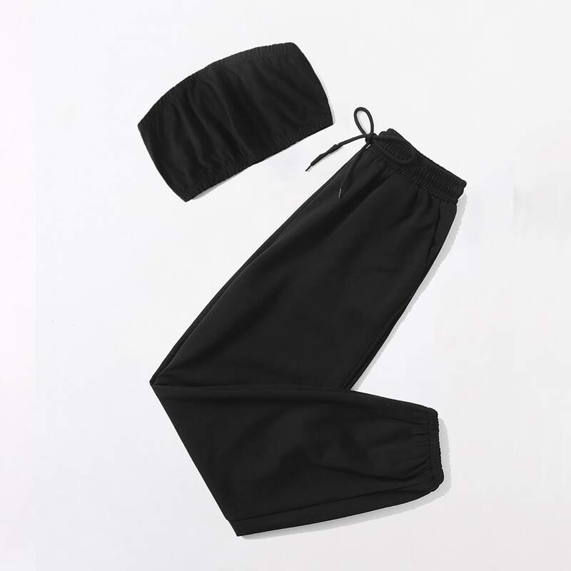 

Solid Crop Tube Top & Sweatpants, Black