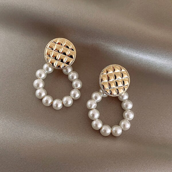 

Faux Pearl Round Decor Drop Earrings, Gold