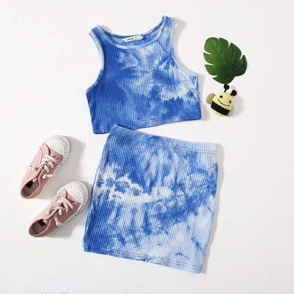 

Girls Tie Dye Rib-knit Tank Top and Skirt Set, Blue and white