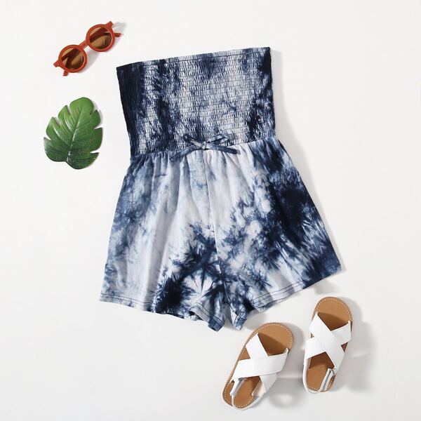 

Girls Shirred Tie Dye Tube Romper, Blue and white