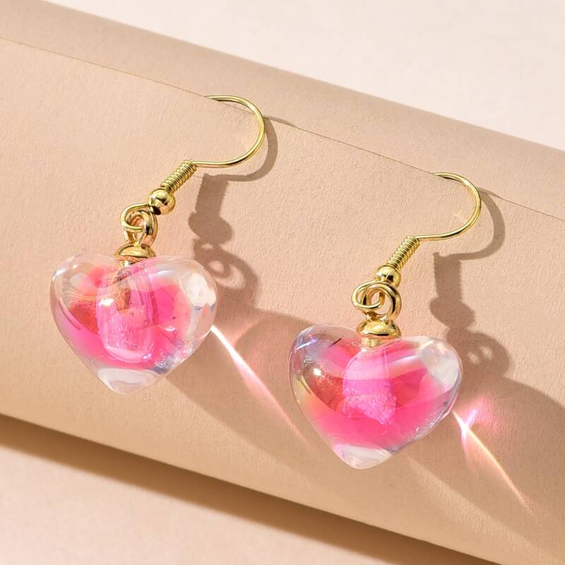 

Clear Heart Drop Earrings, Hot pink