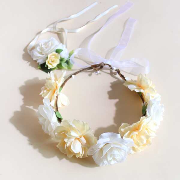 

Baby Flower Decor Hair Band & Bracelet, Beige