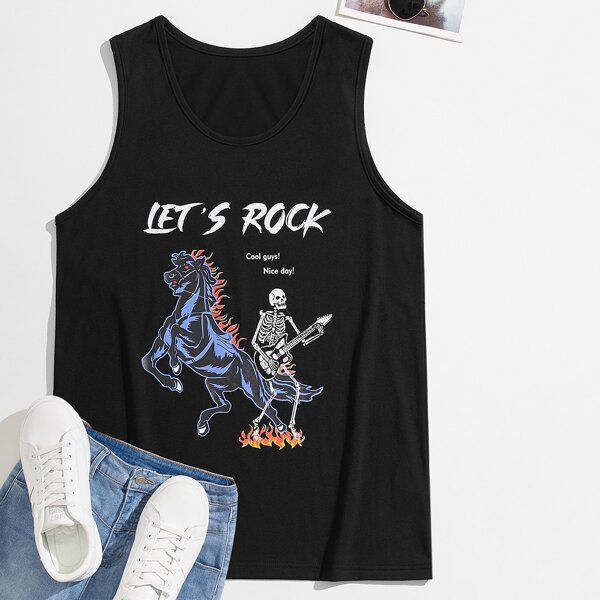 

Men Skeleton And Slogan Graphic Tank Top, Black