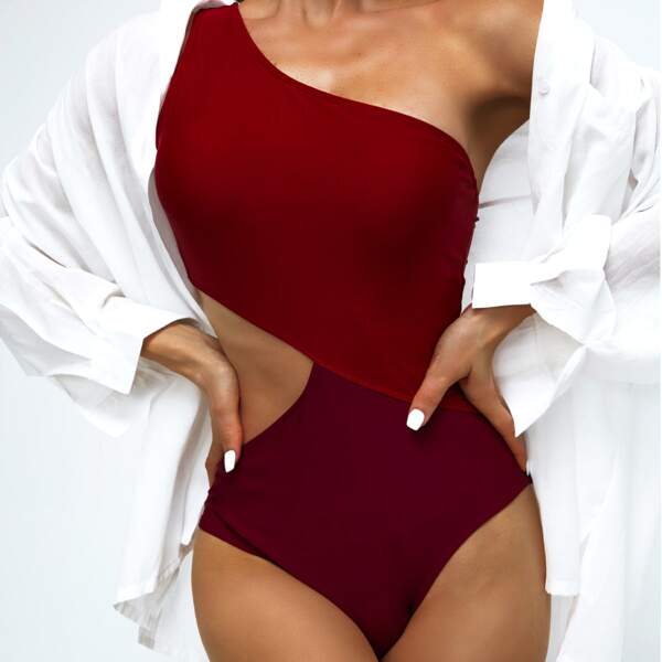 

Color Block Cut-out One Shoulder One Piece Swimsuit, Multicolor