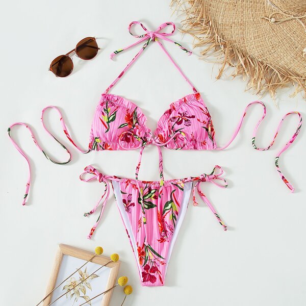 

Floral Print Lettuce Trim Tie Side Bikini Swimsuit, Pink