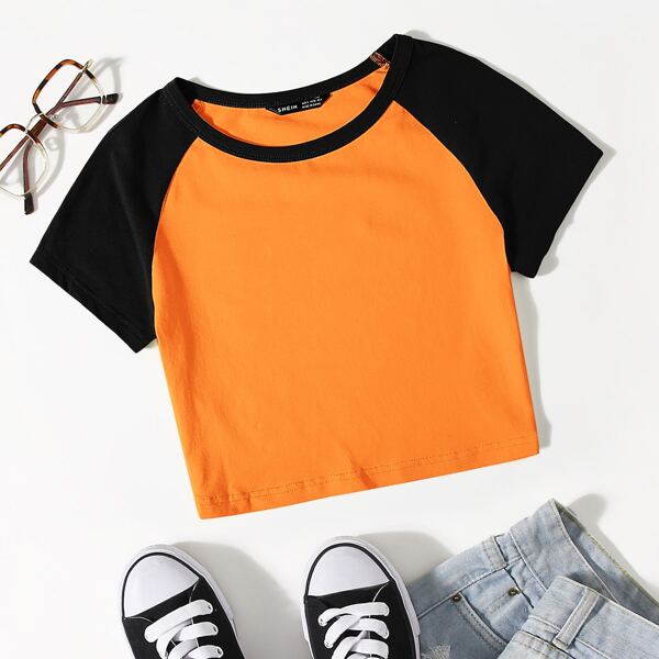 

Raglan Sleeve Two Tone Crop Top, Multicolor