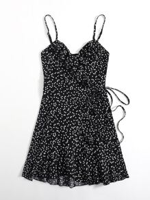 Soleia Allover Heart Print Ruffle Detail Wrap Cami Dress - Black - View 3