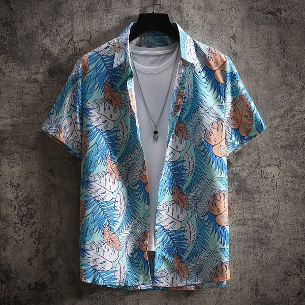 

Men Tropical Print Button Up Shirt Without Tee, Multicolor