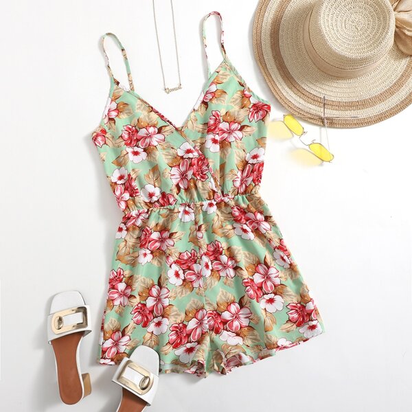 

Surplice Neck Floral Print Cami Romper, Multicolor
