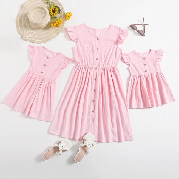 

Button Front Ruffle A-line Dress, Baby pink