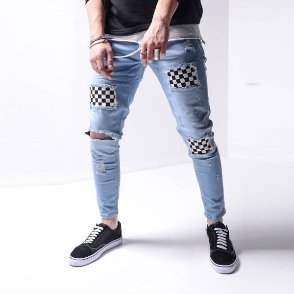 

Men Ripped Checkered Patched Jeans, Light wash