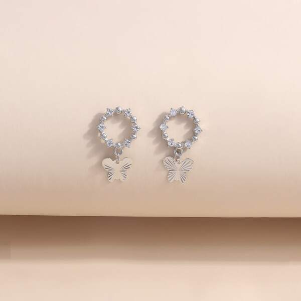 

Rhinestone Decor Butterfly Drop Earrings, Silver