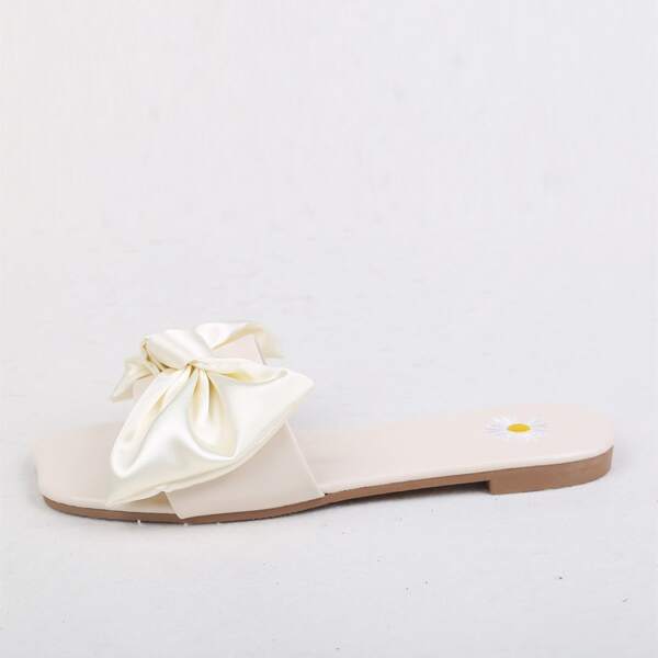 

Bow Decor Daisy Embroidered Slide Sandals, Beige