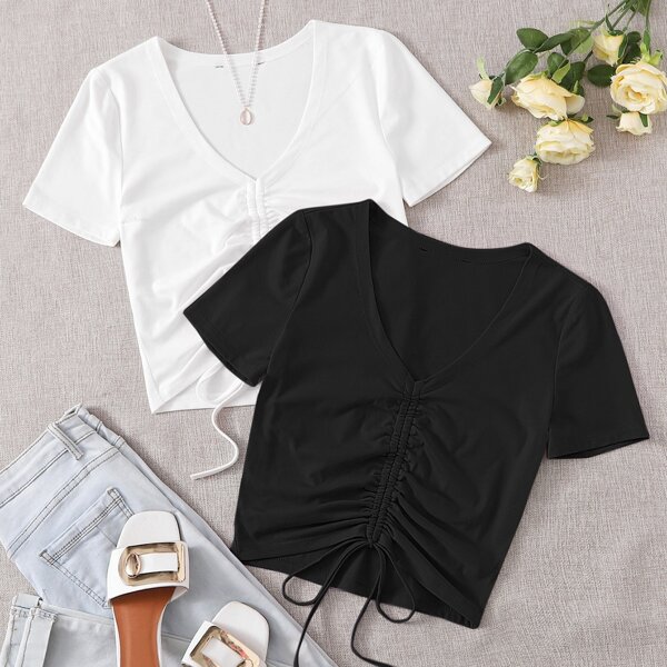 

2 Pack Drawstring Ruched Tee, Black and white