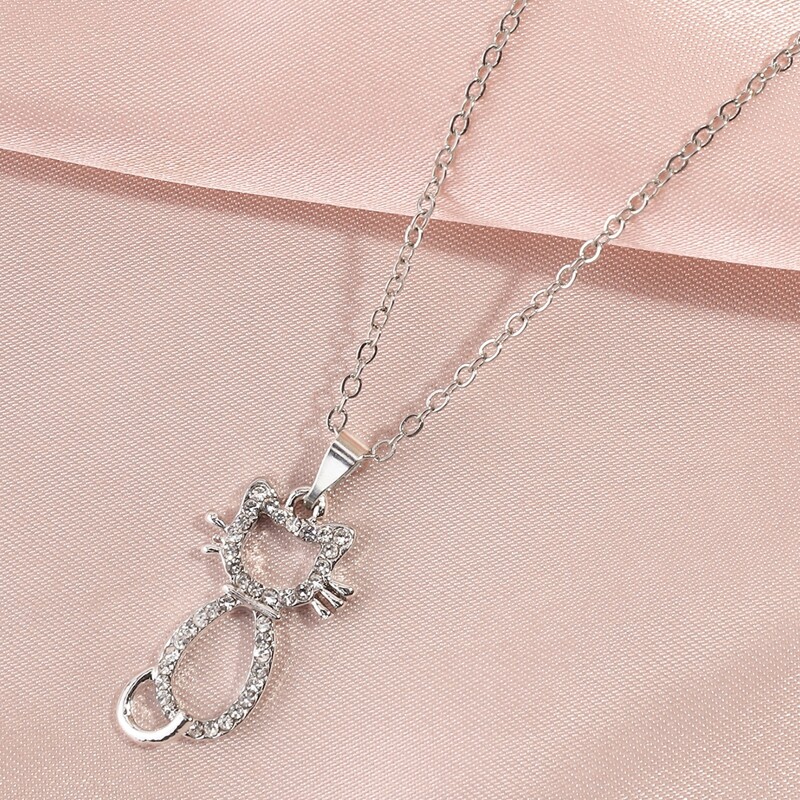 

Rhinestone Cat Pendant Necklace, Silver