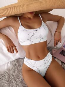 Marble Print Bikini For Summer Beach Vacation - White - View 1