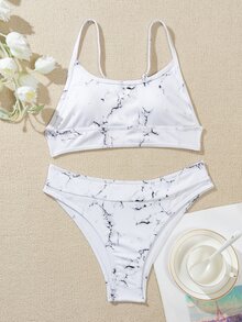 Marble Print Bikini For Summer Beach Vacation - White - View 3