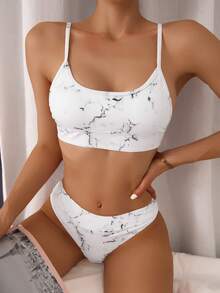 Marble Print Bikini For Summer Beach Vacation - White - View 7