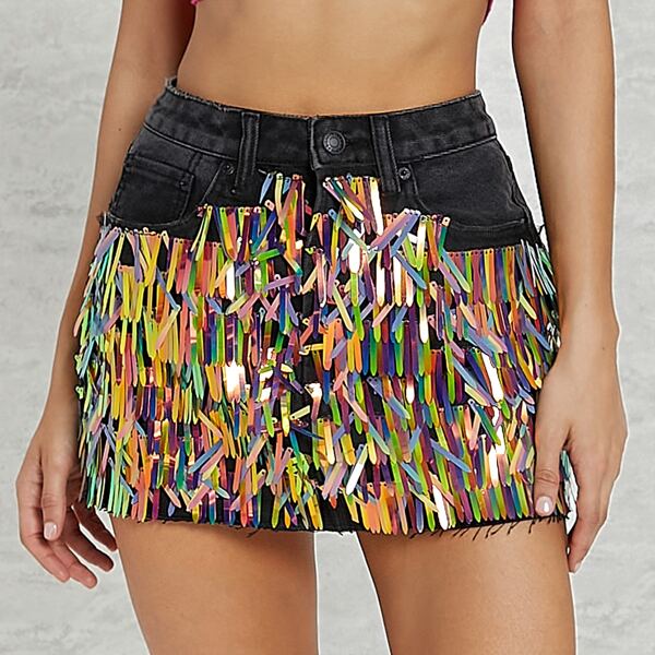 

Rainbow Sequin High-Rise Denim Mini Skirt, Black