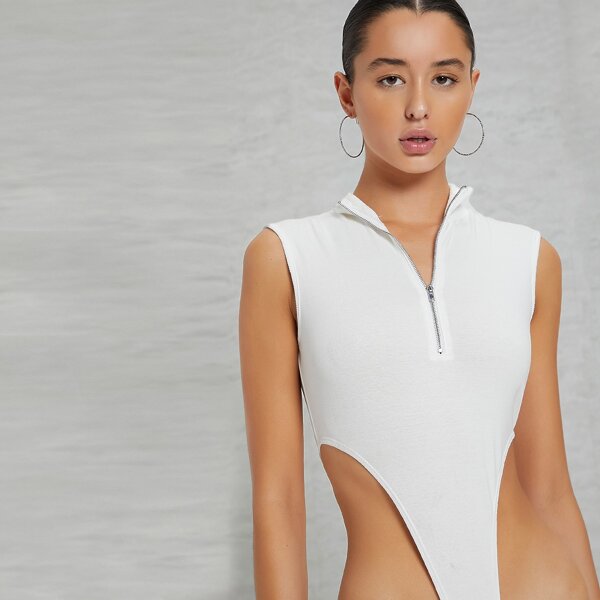 

Zip-Up High-Leg Cut Tank Bodysuit, White