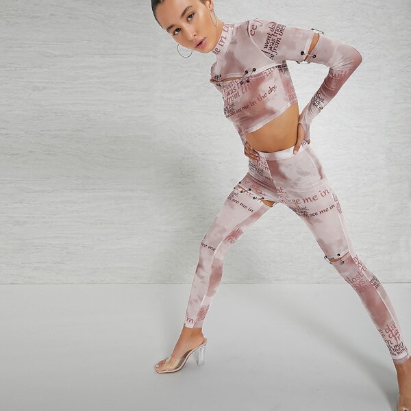 

Safety Pin Cutout Detailing Mesh Crop Top And Leggings Set, Dusty pink