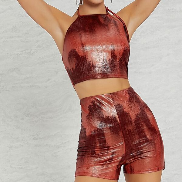

Self Tie Halter Top And Biker Shorts Set, Multicolor
