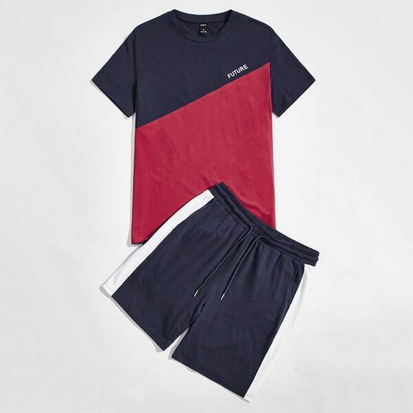 

Men Letter Graphic Two Tone Top & Track Shorts Set, Multicolor