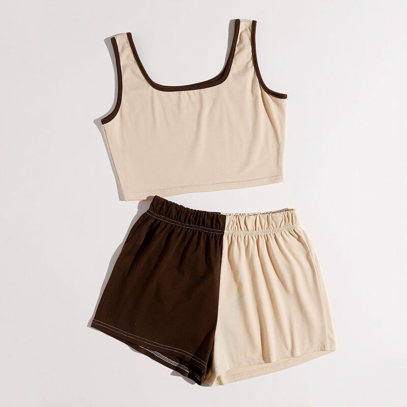 

Contrast Binding Tank Top & Two Tone Shorts, Multicolor