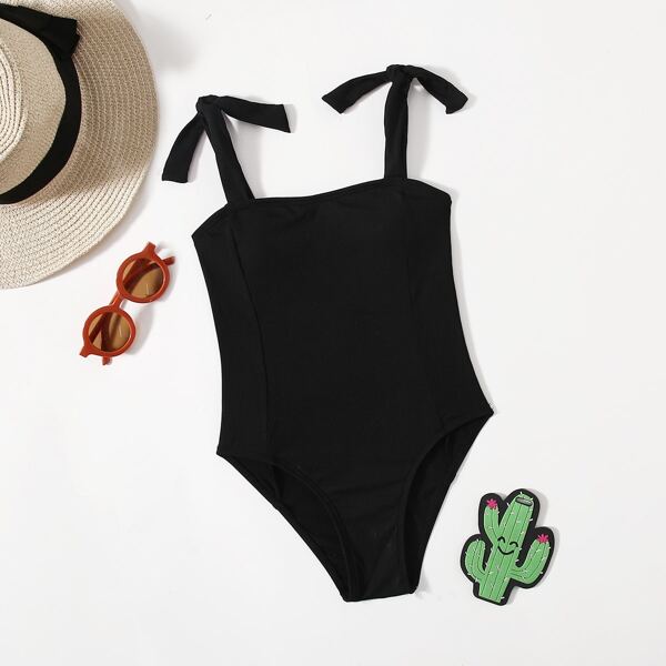 

Girls Tie Shoulder One Piece Swimsuit, Black