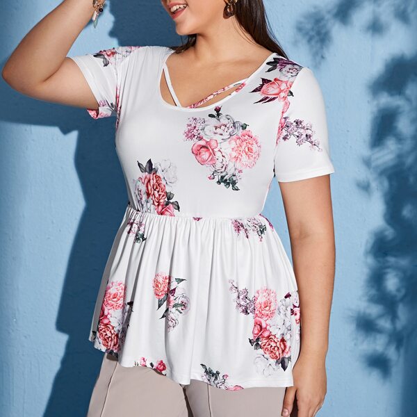 

Plus Floral Print Scoop Neck Babydoll Tee, White