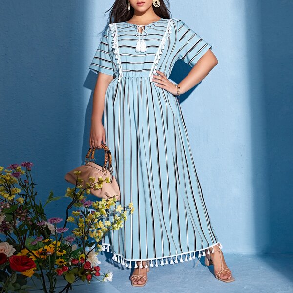 

Plus Striped Tie Neck Dress, Baby blue