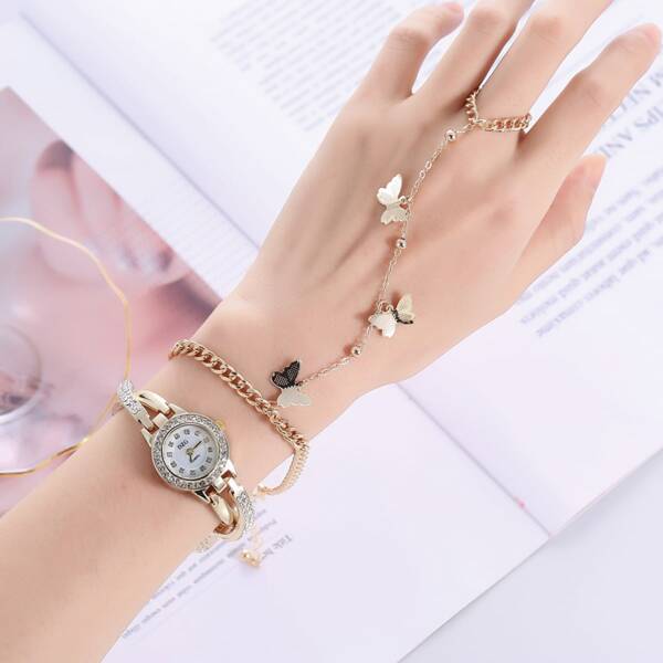 

1pc Rhinestone Decor Round Pointer Watch & 1pc Bracelet